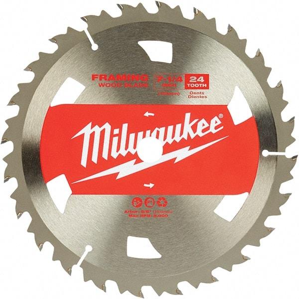 Milwaukee Tool - 7-1/4" Diam, 5/8" Arbor Hole Diam, 24 Tooth Wet & Dry Cut Saw Blade - Tungsten Carbide-Tipped, Framing Action, Standard Round Arbor - Strong Tooling