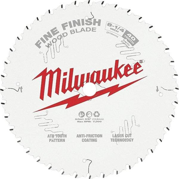 Milwaukee Tool - 8-1/4" Diam, 5/8" Arbor Hole Diam, 40 Tooth Wet & Dry Cut Saw Blade - Tungsten Carbide-Tipped, Fine Finish Action, Standard Round Arbor - Strong Tooling