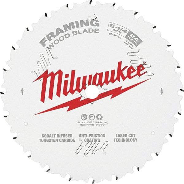 Milwaukee Tool - 8-1/4" Diam, 5/8" Arbor Hole Diam, 24 Tooth Wet & Dry Cut Saw Blade - Tungsten Carbide-Tipped, Framing Action, Standard Round Arbor - Strong Tooling