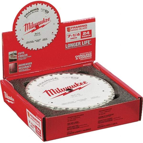 Milwaukee Tool - 7-1/4" Diam, 5/8" Arbor Hole Diam, 24 Tooth Wet & Dry Cut Saw Blade - Tungsten Carbide-Tipped, Framing Action, Standard Round Arbor - Strong Tooling