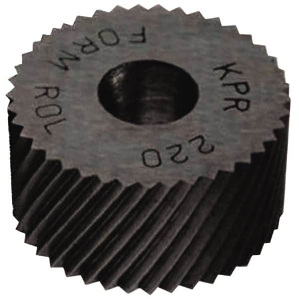 Made in USA - 1" Diam, 90° Tooth Angle, 25 TPI, Standard (Shape), Form Type High Speed Steel Right-Hand Diagonal Knurl Wheel - 3/8" Face Width, 5/16" Hole, Circular Pitch, 30° Helix, Bright Finish, Series OU - Exact Industrial Supply