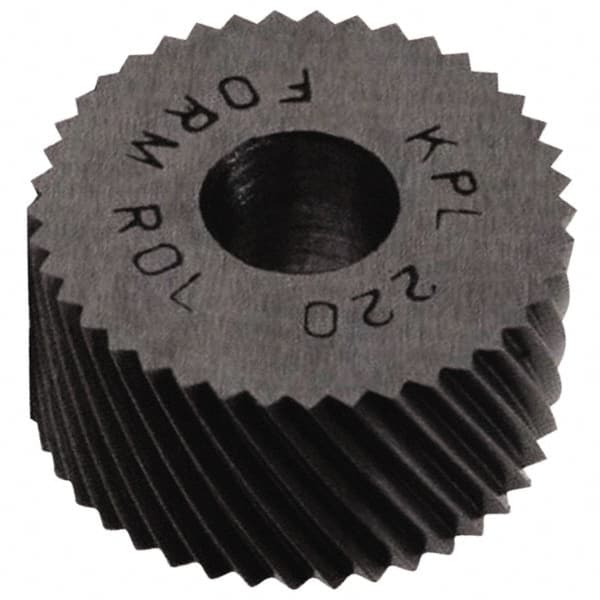 Made in USA - 1-1/4" Diam, 90° Tooth Angle, 30 TPI, Standard (Shape), Form Type Cobalt Left-Hand Diagonal Knurl Wheel - 1/2" Face Width, 1/2" Hole, Circular Pitch, 30° Helix, Bright Finish, Series PH - Exact Industrial Supply