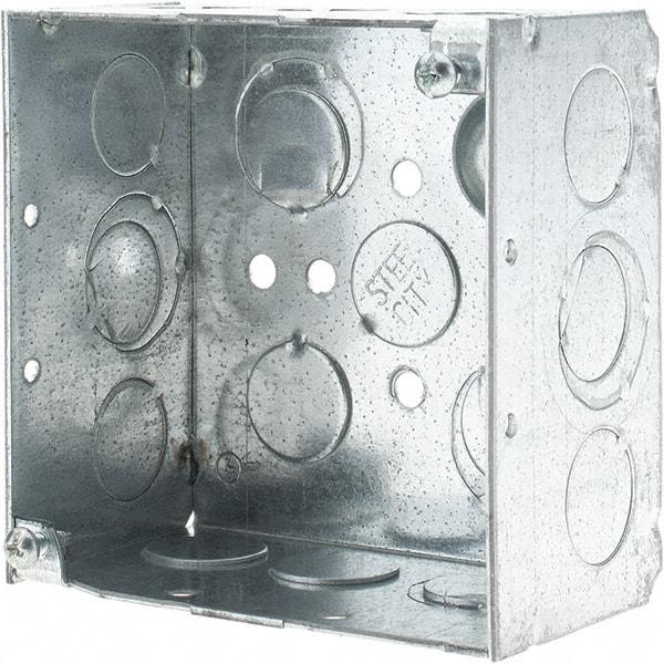 Thomas & Betts - 2 Gang, (17) 1/2 & 3/4" Knockouts, Steel Square Junction Box - 4" Overall Height x 4" Overall Width x 2-1/8" Overall Depth - Strong Tooling