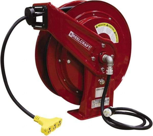 Reelcraft - 12 AWG, 75' Cable Length, Cord & Cable Reel with Triple-Tap Outlet End - 3 Outlets, NEMA 5-15R, 15 Amps, 125 Volts, SEOOW Cable, Red Reel, Spring Driven Reel - Strong Tooling