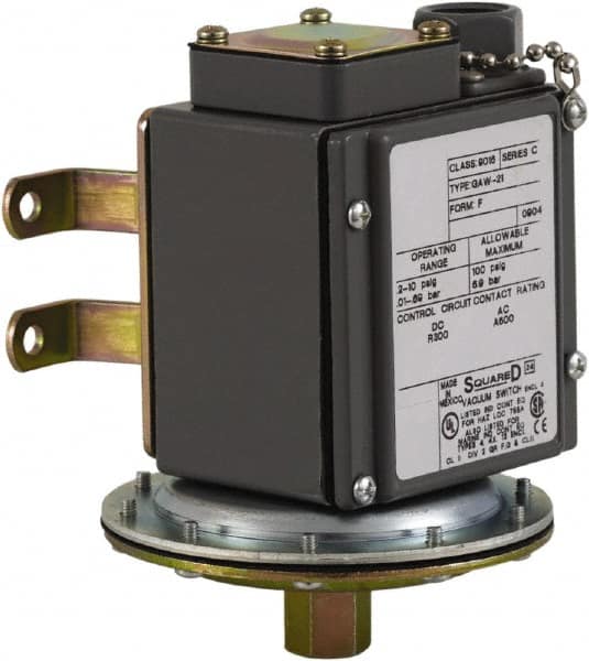 Square D - 4, 13 and 4X NEMA Rated, DPDT, 0.2 to 10 psi, Vacuum Switch Pressure and Level Switch - Adjustable Pressure, 120 VAC, 125 VDC, 240 VAC, 250 VDC, Screw Terminal - Strong Tooling