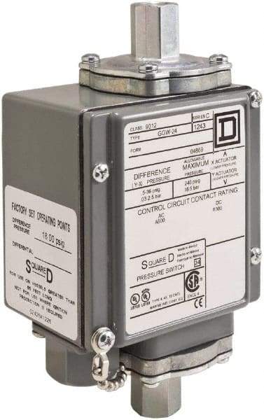 Square D - 4, 13 and 4X NEMA Rated, DPDT, 5,000 psi, Electromechanical Pressure and Level Switch - Adjustable Pressure, 120 VAC at 6 Amp, 125 VDC at 0.22 Amp, 240 VAC at 3 Amp, 250 VDC at 0.11 Amp, 1/4 Inch Connector, Screw Terminal, For Use with 9012G - Strong Tooling