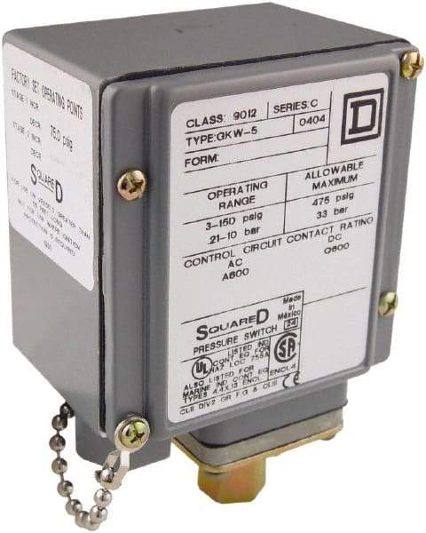 Square D - 4, 13 and 4X NEMA Rated, SPDT, 3 to 150 psi, Electromechanical Pressure and Level Switch - Fixed Pressure, 120 VAC at 6 Amp, 125 VDC at 0.22 Amp, 240 VAC at 3 Amp, 250 VDC at 0.27 Amp, 1/4 Inch Connector, Screw Terminal, For Use with 9012G - Strong Tooling