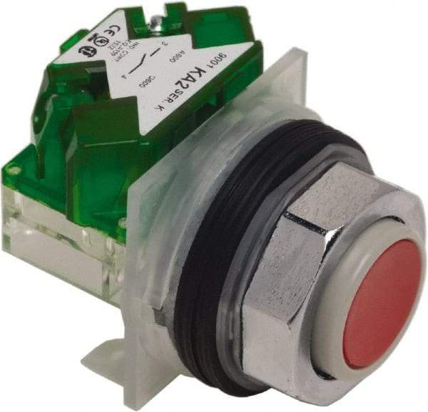 Schneider Electric - 30mm Mount Hole, Extended Straight, Pushbutton Switch with Contact Block - Red Pushbutton, Momentary (MO) - Strong Tooling