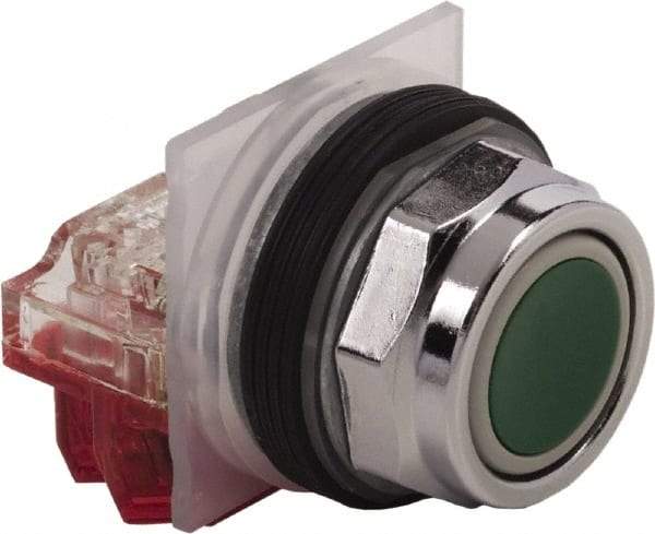 Schneider Electric - 30mm Mount Hole, Extended Straight, Pushbutton Switch with Contact Block - Green Pushbutton, Momentary (MO) - Strong Tooling