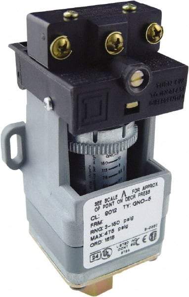 Square D - SPDT, 3 to 150 psi, Electromechanical Pressure and Level Switch - Adjustable Pressure, 120 VAC at 6 Amp, 125 VDC at 0.22 Amp, 240 VAC at 3 Amp, 250 VDC at 0.27 Amp, 1/4 Inch Connector, Screw Terminal, For Use with 9012G - Strong Tooling