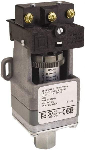 Square D - SPDT, 5 to 250 psi, Electromechanical Pressure and Level Switch - Adjustable Pressure, 120 VAC at 6 Amp, 125 VDC at 0.22 Amp, 240 VAC at 3 Amp, 250 VDC at 0.27 Amp, 1/4 Inch Connector, Screw Terminal, For Use with 9012G - Strong Tooling