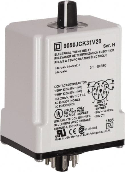 Square D - DPDT Time Delay Relay - 10 Contact Amp, 110 VDC & 120 VAC - Strong Tooling