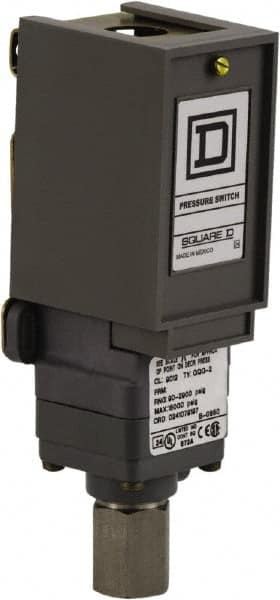 Square D - 1 NEMA Rated, SPDT, 90 to 2,900 psi, Electromechanical Pressure and Level Switch - Adjustable Pressure, 120 VAC at 6 Amp, 125 VDC at 0.22 Amp, 240 VAC at 3 Amp, 250 VDC at 0.27 Amp, 1/4 Inch Connector, Screw Terminal, For Use with 9012G - Strong Tooling