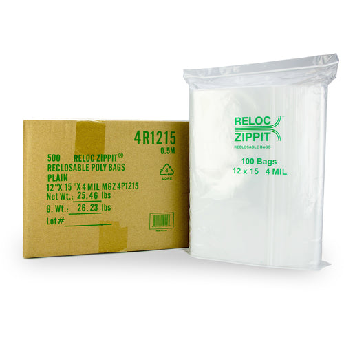 12″ × 15″ 4-MIL Clear Reloc Zippit Zipper Bags , Sold per Case of 500 (5 boxes of 100 per case)