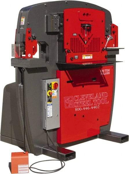 Cleveland Steel Tool - 11" Throat Depth, 100 Ton Punch Pressure, 3-1/2" Punch Capacity Ironworker - 10 hp, 3 Phase, 208/230 Volts, 45-1/2" Wide x 63-1/8" High x 56" Deep - Strong Tooling