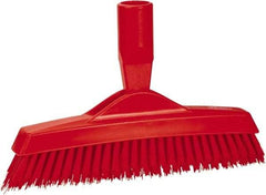 Vikan - 1.6" Bristle Length, Polyester Utility Scrub Brush - 9" Long x 1-1/2" Wide Head, 9-1/4" OAL, European Threaded Handle, Red, Polypropylene Block - Strong Tooling