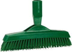 Vikan - 1.6" Bristle Length, Polyester Utility Scrub Brush - 9" Long x 1-1/2" Wide Head, 9-1/4" OAL, European Threaded Handle, Green, Polypropylene Block - Strong Tooling