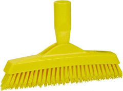 Vikan - 1.6" Bristle Length, Polyester Utility Scrub Brush - 9" Long x 1-1/2" Wide Head, 9-1/4" OAL, European Threaded Handle, Yellow, Polypropylene Block - Strong Tooling