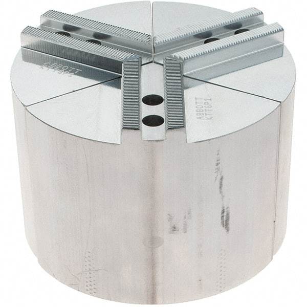 Abbott Workholding Products - 6" Max Chuck Capacity, 1.5mm x 60° Serrated Interface, Round Soft Lathe Chuck Jaw - 3 Jaw, Aluminum, 0.7874" Btw Mount Hole Ctrs, 6" Wide, 4" High, 10mm Fastener - Strong Tooling