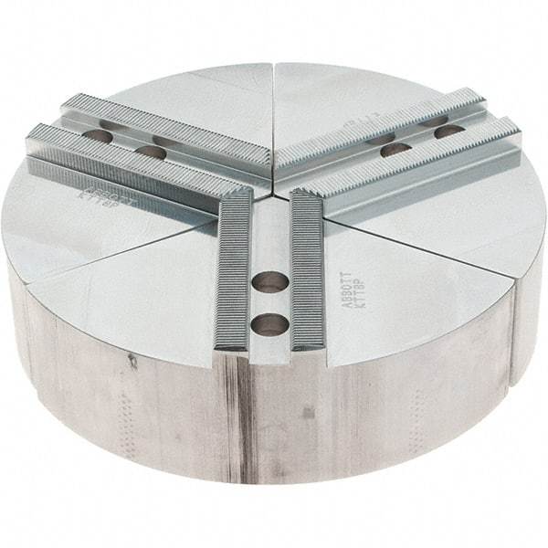 Abbott Workholding Products - 8" Max Chuck Capacity, 1.5mm x 60° Serrated Interface, Round Soft Lathe Chuck Jaw - 3 Jaw, Aluminum, 0.9843" Btw Mount Hole Ctrs, 8" Wide, 2" High, 12mm Fastener - Strong Tooling