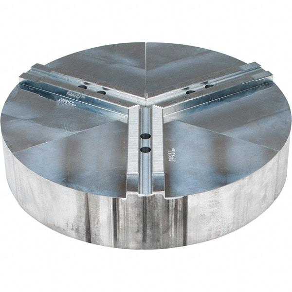 Abbott Workholding Products - 10" Max Chuck Capacity, 1.5mm x 60° Serrated Interface, Round Soft Lathe Chuck Jaw - 3 Jaw, Aluminum, 1.1811" Btw Mount Hole Ctrs, 15" Wide, 3" High, 12mm Fastener - Strong Tooling