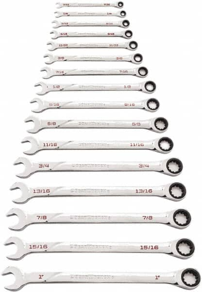 GearWrench - 16 Piece, 7/32" to 1", Ratcheting Combination Wrench Set - Inch Measurement Standard, Chrome Finish - Strong Tooling