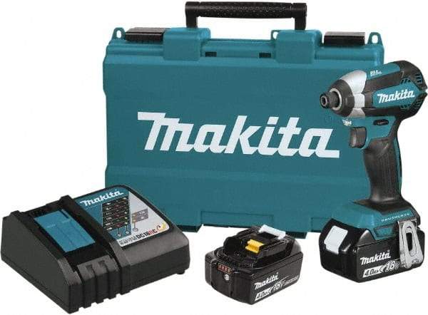 Makita - 18 Volt, 1/2" Drive, 20 Ft/Lb Torque, Cordless Impact Driver - Pistol Grip Handle, 3600 RPM, 2 Lithium-Ion Batteries Included - Strong Tooling