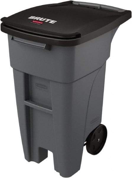 Rubbermaid - 32 Gal Gray Rectangle Trash Can - Plastic, None Graphic, 37.16" High x 20.62" Wide, Lid Included - Strong Tooling