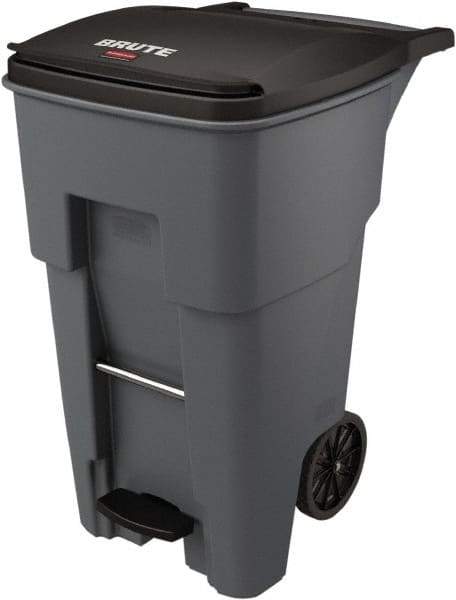 Rubbermaid - 65 Gal Gray Rectangle Trash Can - Plastic, None Graphic, 44.74" High x 25.33" Wide, Lid Included - Strong Tooling