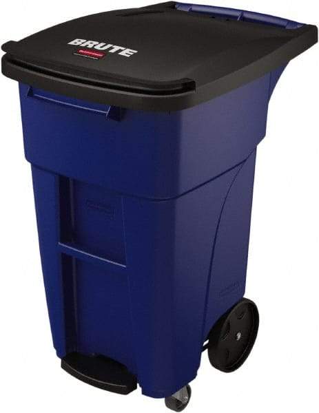 Rubbermaid - 32 Gal Blue Rectangle Trash Can - Plastic, None Graphic, 37.16" High x 20.62" Wide, Lid Included - Strong Tooling