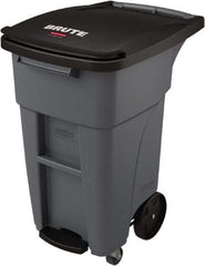 Rubbermaid - 32 Gal Gray Rectangle Trash Can - Plastic, None Graphic, 37.16" High x 20.62" Wide, Lid Included - Strong Tooling