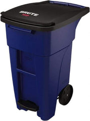 Rubbermaid - 32 Gal Blue Rectangle Trash Can - Plastic, None Graphic, 37.16" High x 20.62" Wide, Lid Included - Strong Tooling