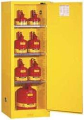 Justrite - 1 Door, 3 Shelf, Yellow Steel Space Saver Safety Cabinet for Flammable and Combustible Liquids - 65" High x 23-1/4" Wide x 18" Deep, Self Closing Door, 22 Gal Capacity - Strong Tooling