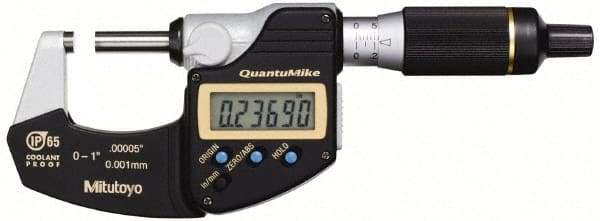 Mitutoyo - 0.001 mm Resolution, Standard Throat, Electronic Outside Micrometer - Includes Stand - Strong Tooling