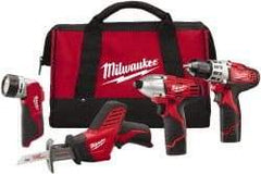 Milwaukee Tool - 12 Volt Cordless Tool Combination Kit - Includes 3/8" Drill/Driver, Reciprocating Saw, 1/4" Hex Impact Driver & Work Light, Lithium-Ion Battery Not Included - Strong Tooling