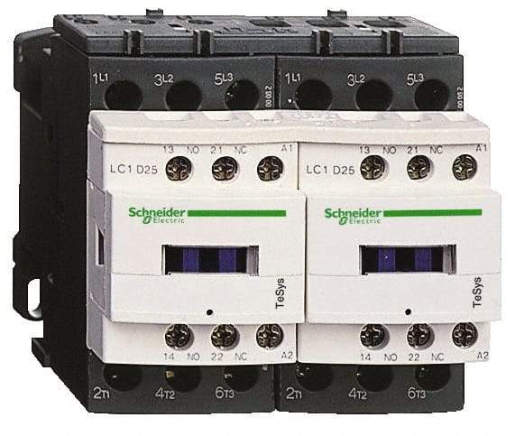 Schneider Electric - 3 Pole, 24 Coil VAC at 50/60 Hz, 12 Amp at 440 VAC, Reversible IEC Contactor - 1 Phase hp: 1 at 115 VAC, 2 at 230/240 VAC, 3 Phase hp: 10 at 575/600 VAC, 3 at 200/208 VAC, 3 at 230/240 VAC, 7.5 at 460/480 VAC - Strong Tooling