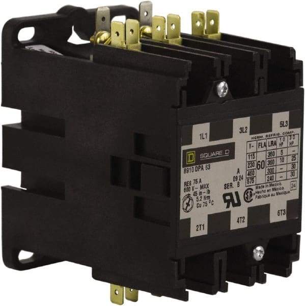 Square D - 3 Pole, 60 Amp Inductive Load, 24 Coil VAC at 50/60 Hz, Definite Purpose Contactor - Phase 1 and Phase 3 Hp:  10 at 230 VAC, 25 at 230 VAC, 30 at 460 VAC, 30 at 575 VAC, 5 at 115 VAC, 75 Amp Resistive Rating, CE, CSA, UL Listed - Strong Tooling