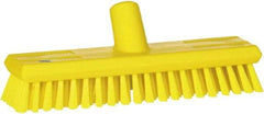 Vikan - 1.3" Bristle Length, Polyester Scrub Brush - 10-3/4" Long x 2-1/2" Wide Head, 11" OAL, European Threaded Handle, Yellow, Polypropylene Block - Strong Tooling