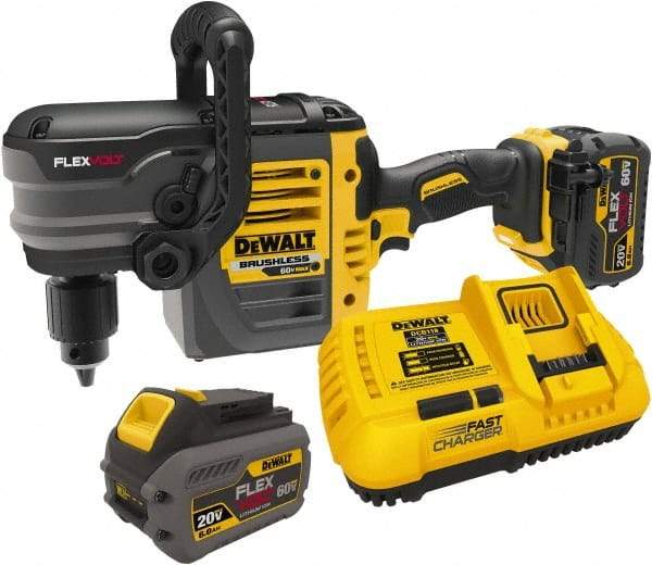 DeWALT - 60 Volt 1/2" Chuck Right Angle Handle Cordless Drill - 0-300 & 0-1200 RPM, Keyed Chuck, 2 Lithium-Ion Batteries Included - Strong Tooling