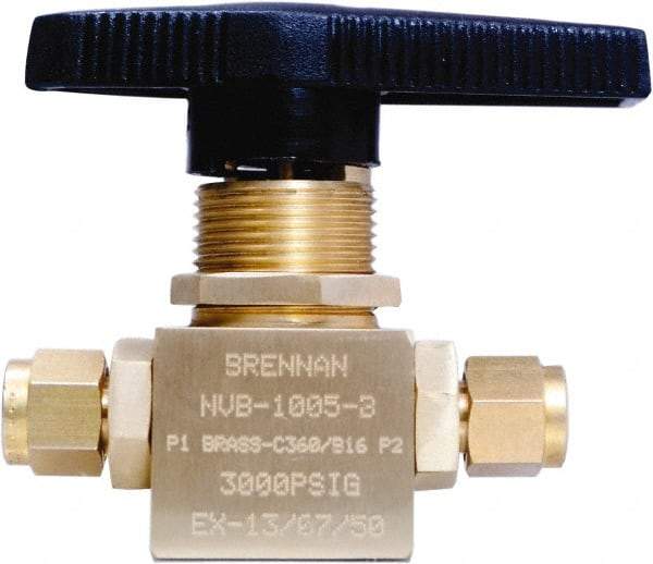 Brennan - 1/4" Pipe, Tube End Connections, Brass, Inline, Two Way Flow, Instrumentation Ball Valve - 3,000 psi WOG Rating, Nylon Handle, PTFE Seal, PFA Seat, Swaglok B-42S4 - Strong Tooling