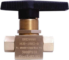 Brennan - 1/8" Pipe, NPT End Connections, Brass, Inline, Two Way Flow, Instrumentation Ball Valve - 3,000 psi WOG Rating, Nylon Handle, PTFE Seal, PFA Seat, Swaglok B-42F2 - Strong Tooling