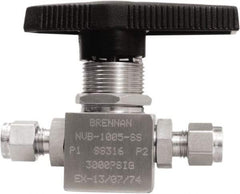 Brennan - 1/4" Pipe, Tube End Connections, Stainless Steel, Inline, Two Way Flow, Instrumentation Ball Valve - 3,000 psi WOG Rating, Nylon Handle, PTFE Seal, PFA Seat, Swaglok SS-42GS4 - Strong Tooling