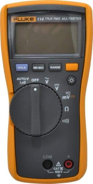 Fluke - 114, CAT III, 600 VAC/VDC, Digital True RMS Auto Ranging Manual Ranging Multimeter - 40 mOhm, Measures Voltage, Capacitance, Current, Resistance - Strong Tooling