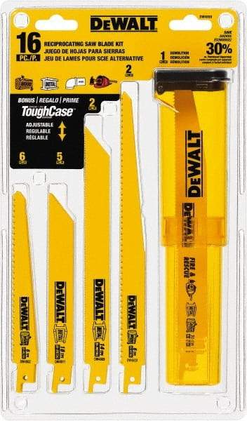 DeWALT - 16 Pieces, 6" to 9" Long x 0.04" Thickness, Bi-Metal Reciprocating Saw Blade Set - Straight Profile, 6 to 18 Teeth, Toothed Edge - Strong Tooling