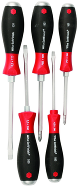 5 Piece - SoftFinish® Cushion Grip Extra Heavy Duty Screwdriver w/ Hex Bolster & Metal Striking Cap Set - #53075 - Includes: Slotted 4.5 - 6.5mm Phillips #1 - 2 - Extra Heavy Duty - Strong Tooling