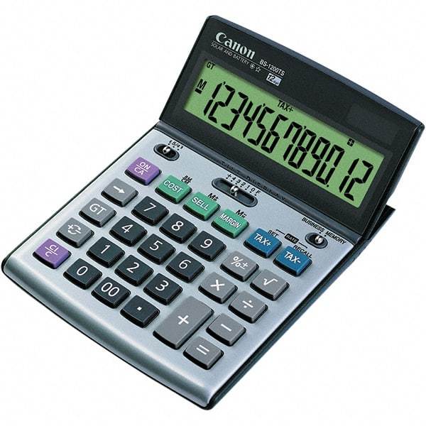 Canon - 12-Digit LCD 12 Function Portable Calculator - 5-7/64 x 7-1/4 Display Size, Silver & Black, Solar & Battery Powered - Strong Tooling