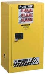 Justrite - 1 Door, 1 Shelf, Yellow Steel Space Saver Safety Cabinet for Flammable and Combustible Liquids - 44" High x 23-1/4" Wide x 18" Deep, Self Closing Door, 15 Gal Capacity - Strong Tooling