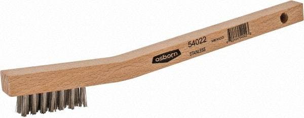 Osborn - 3 Rows x 7 Columns Stainless Steel Scratch Brush - 1-7/16" Brush Length, 7-3/4" OAL, 7/16" Trim Length, Wood Curved Handle - Strong Tooling