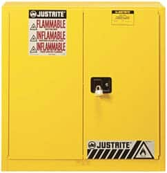 Justrite - 2 Door, 3 Shelf, Yellow Steel Standard Safety Cabinet for Flammable and Combustible Liquids - 44" High x 43" Wide x 18" Deep, Manual Closing Door, 3 Point Key Lock, 40 Gal Capacity - Strong Tooling