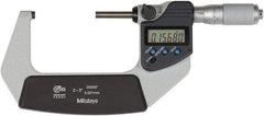 Mitutoyo - 2 to 3 Inch Range, 0 Inch Resolution, Standard Throat, IP65 Electronic Outside Micrometer - 0.0001 Inch Accuracy, Ratchet Friction Thimble, Rotating Spindle, SR44 Battery, Includes NIST Traceability Certification - Strong Tooling